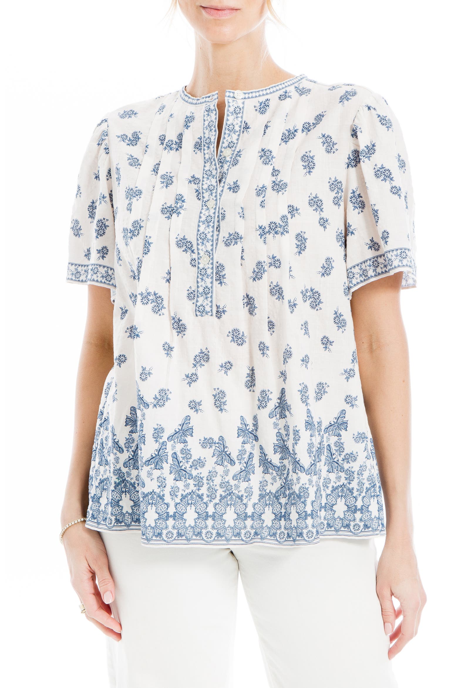 Bba Studio MAX STUDIO Floral Pintuck Pleat Cotton Blend Top (Women) | Nordstromrack
