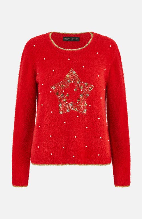 Yumi Fluffy Star Christmas Sweater In Red