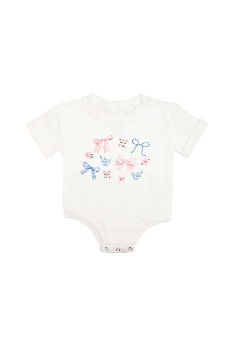 Floral & Bow Watercolor Short Sleeve Romper, Main, color, White