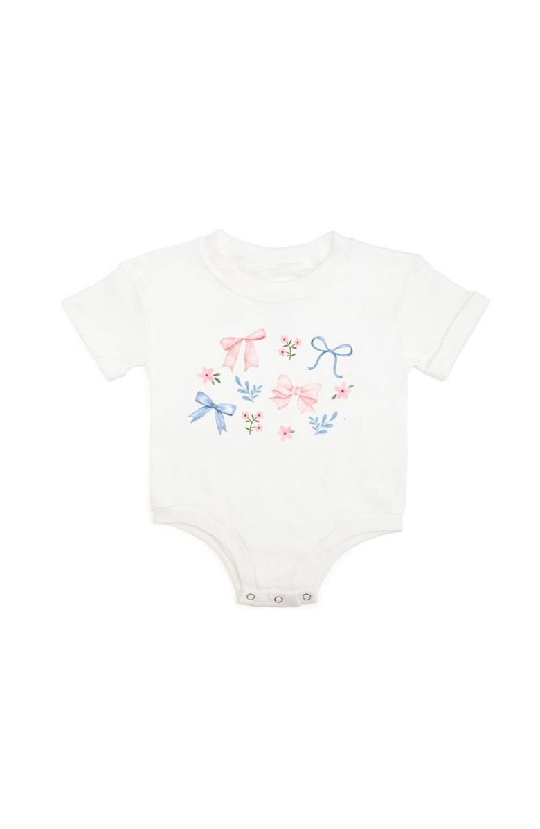 Sweet Wink Floral & Bow Watercolor Short Sleeve Romper, Main, color, White