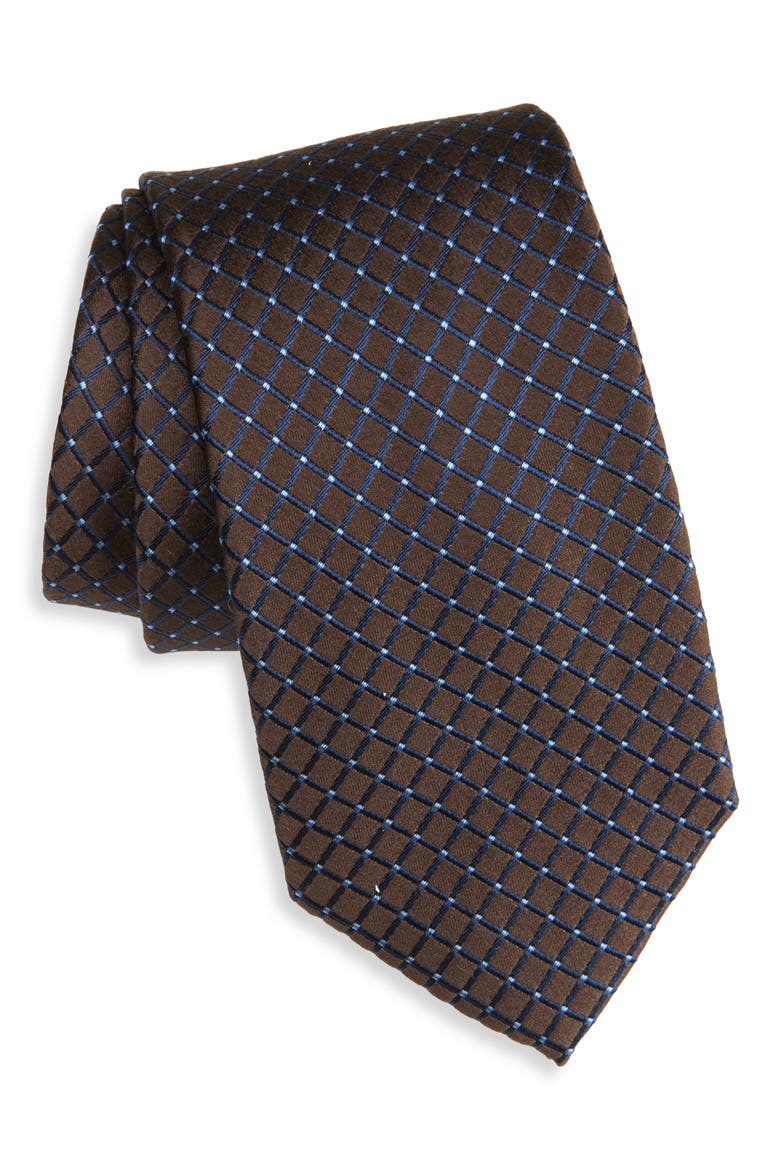 Grid Silk Tie, Main, color, BROWN
