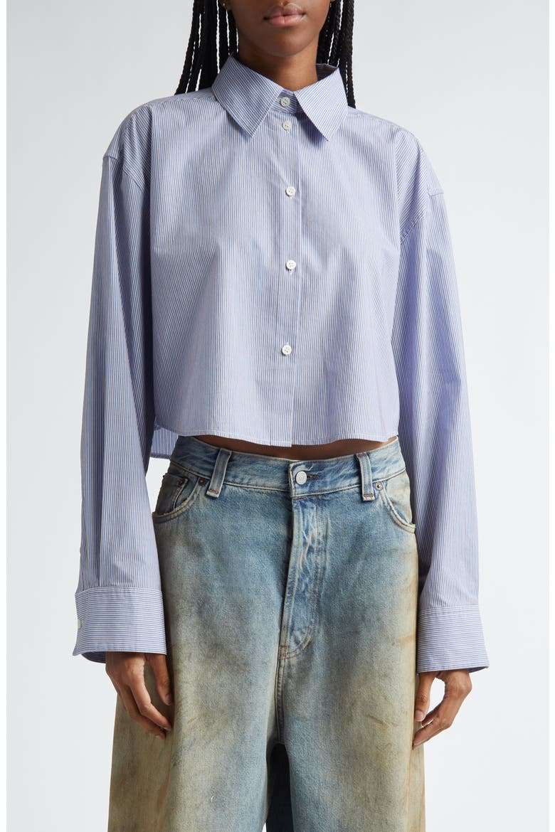 Satai Stripe Crop Cotton Button-Up Shirt, Main, color, SKY BLUE/ COFFEE BROWN