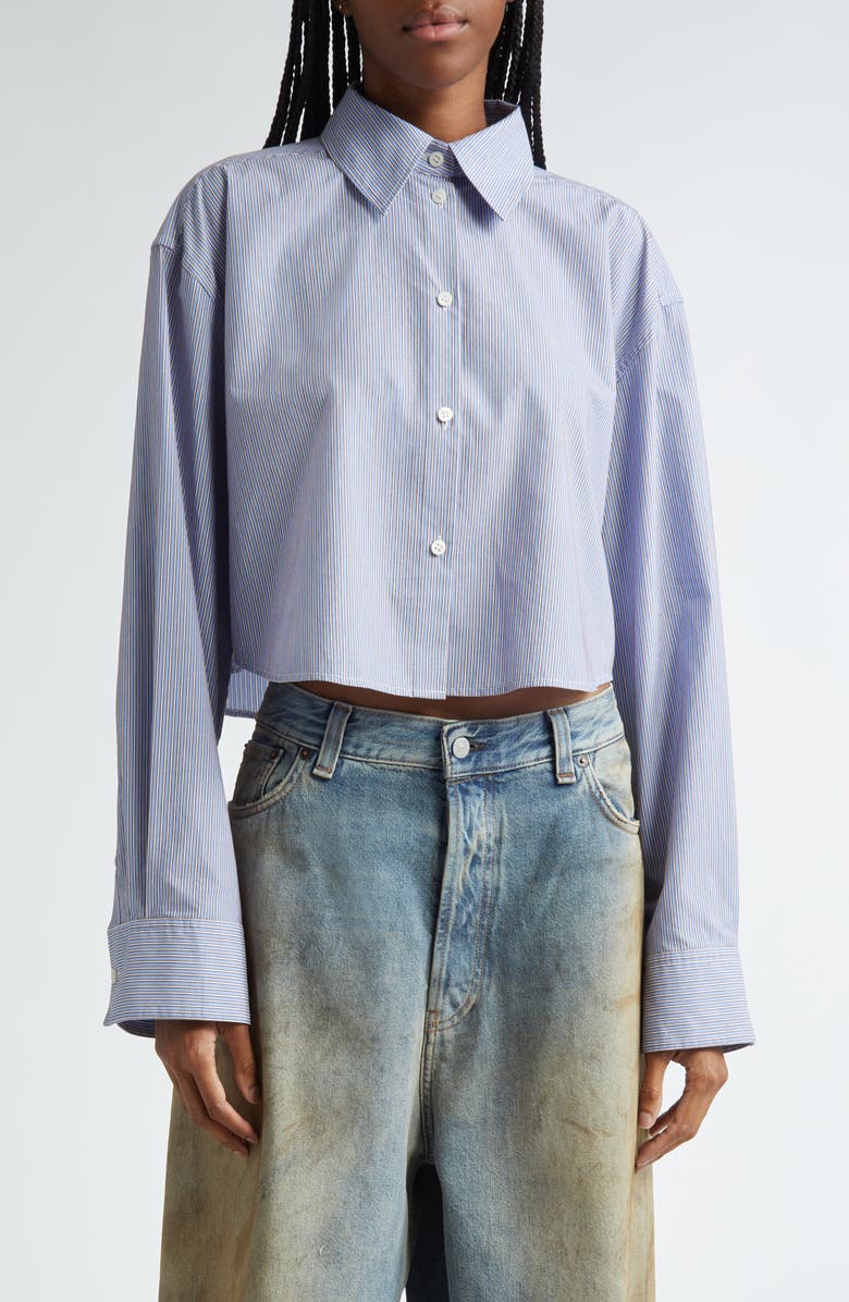 Acne Studios Satai Stripe Crop Cotton Button-Up Shirt, Main, color, Sky Blue/ Coffee Brown