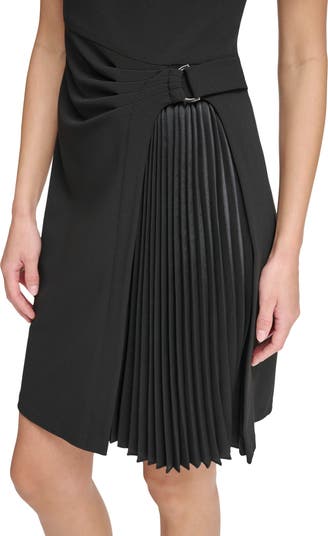DKNY Women's Mixed Media Dress - Scuba Crepe With Side Ruching & Chevron Details