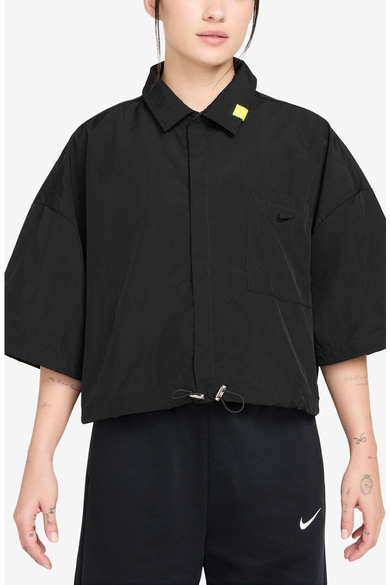 Serena Williams Design Crew Cropped Button Up Shirt, Main, color, 010 BLACK/ BLACK