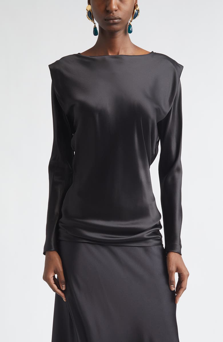 Saint Laurent Fluid Silk Satin Top, Main, color, Noir