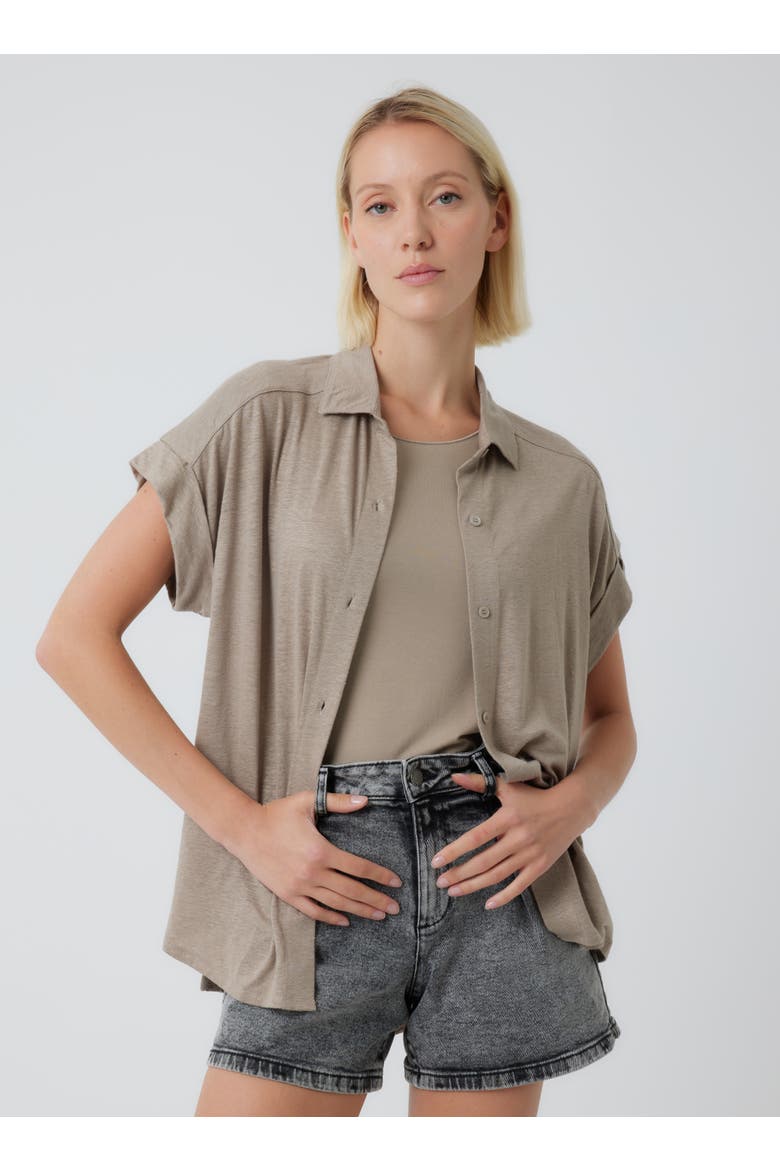 Stretch Linen S/S Shirt With Rolled Cuff, Main, color, DESERT