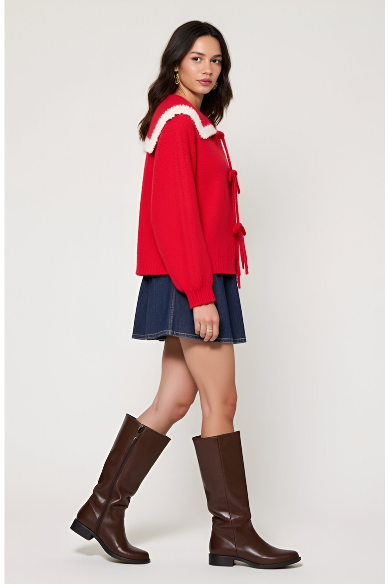 Ruffle Collar Knit Sweater with Tie-Front Closures and Contrast Trim, Alternate, color, Red