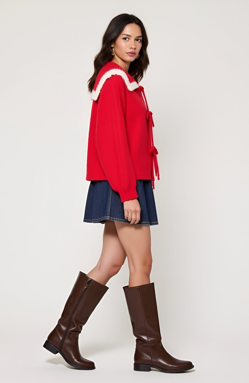 Modenaire Ruffle Collar Knit Sweater With Tie-front Closures And Contrast Trim In Red