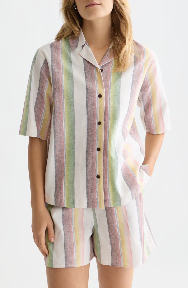 Scotch & Soda Stripe Short Sleeve Linen & Cotton Button-Up Shirt, Main, color, Multi Color Stripe