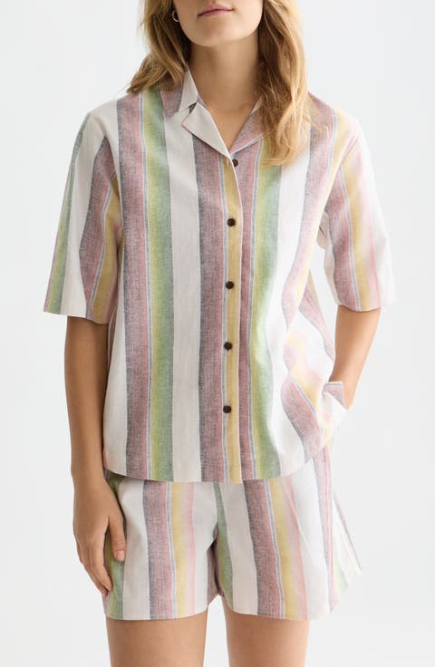 Stripe Short Sleeve Linen & Cotton Button-Up Shirt