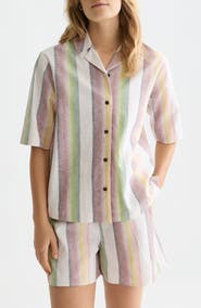 Scotch & Soda Stripe Short Sleeve Linen & Cotton Button-Up Shirt