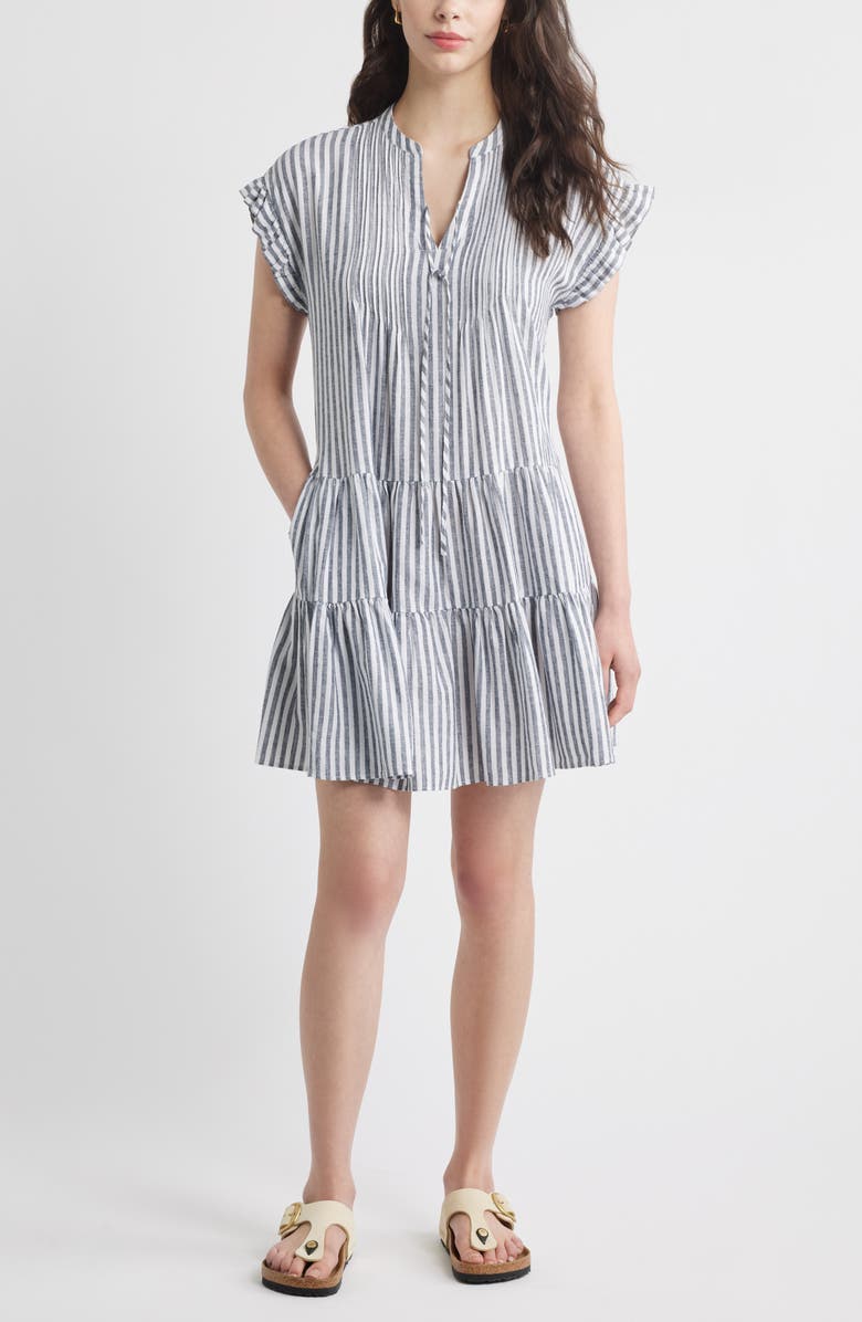 Caslon<sup>®</sup> Stripe Ruffle Sleeve Linen Blend Tiered Dress, Main, color, Navy- White Brianne Stripe