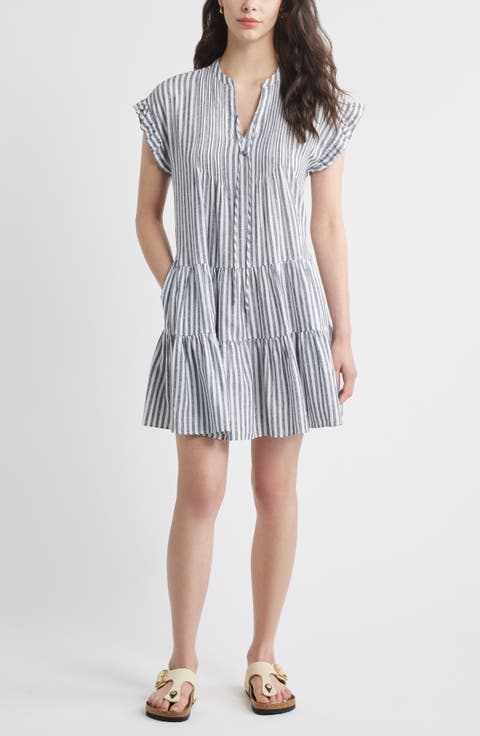 Stripe Ruffle Sleeve Linen Blend Tiered Dress