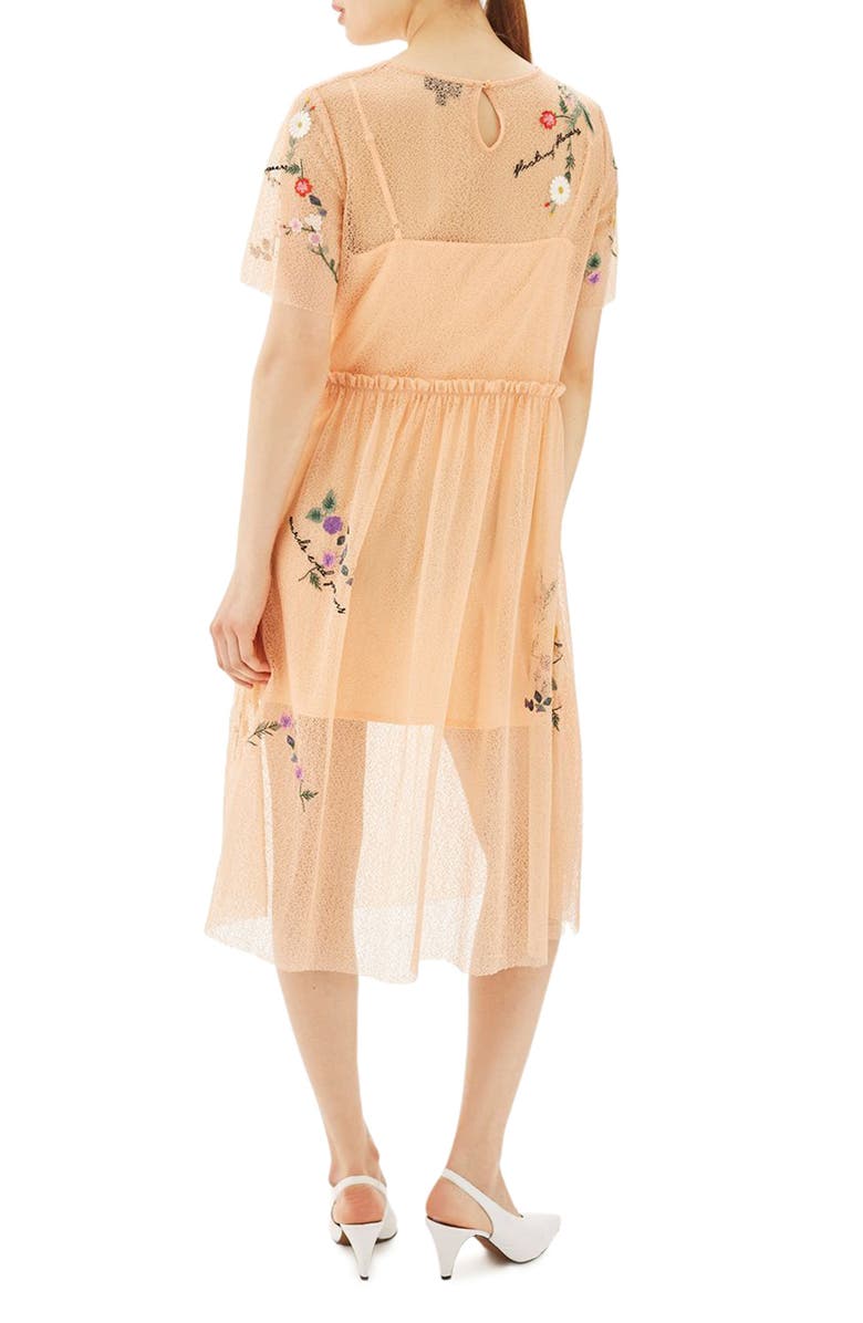 Topshop Embroidered Mesh Midi Dress, Alternate, color, Peach