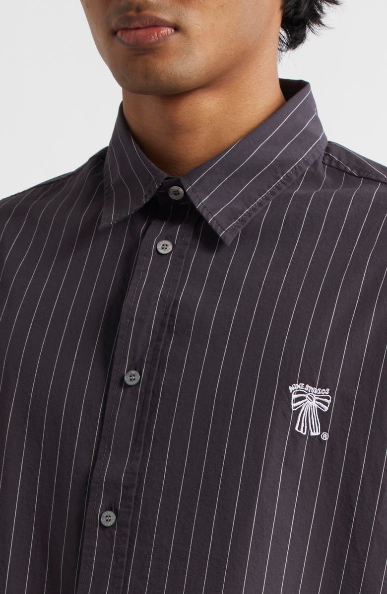 Acne Studios Pinstripe Logo Embroidery Button-Up Shirt, Alternate, color, Black/ White