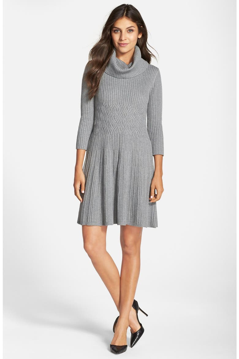 Cowl Neck Fit & Flare Sweater Dress, Alternate, color, HEATHER GREY