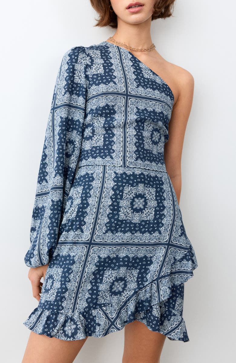 MANGO TEEN One-Shoulder Bandanna Print Minidress, Main, color, Navy