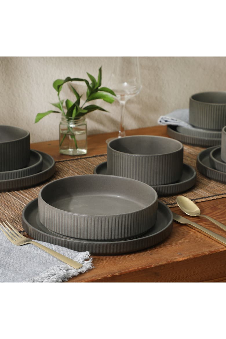 16 Piece Reactive Glaze Stoneware Plates and Bowls Dinnerware Set, Alternate, color, Grey