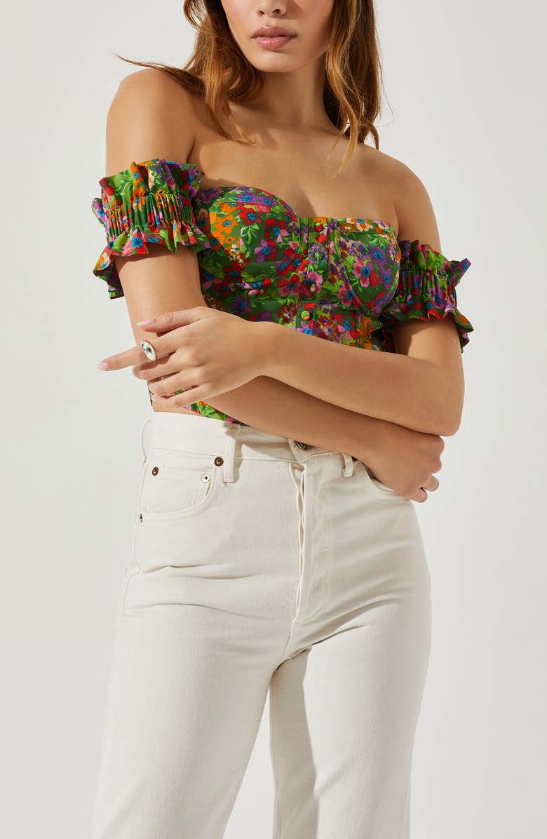 ASTR the Label Print Off the Shoulder Corset Top, Alternate, color, Green Multi Floral