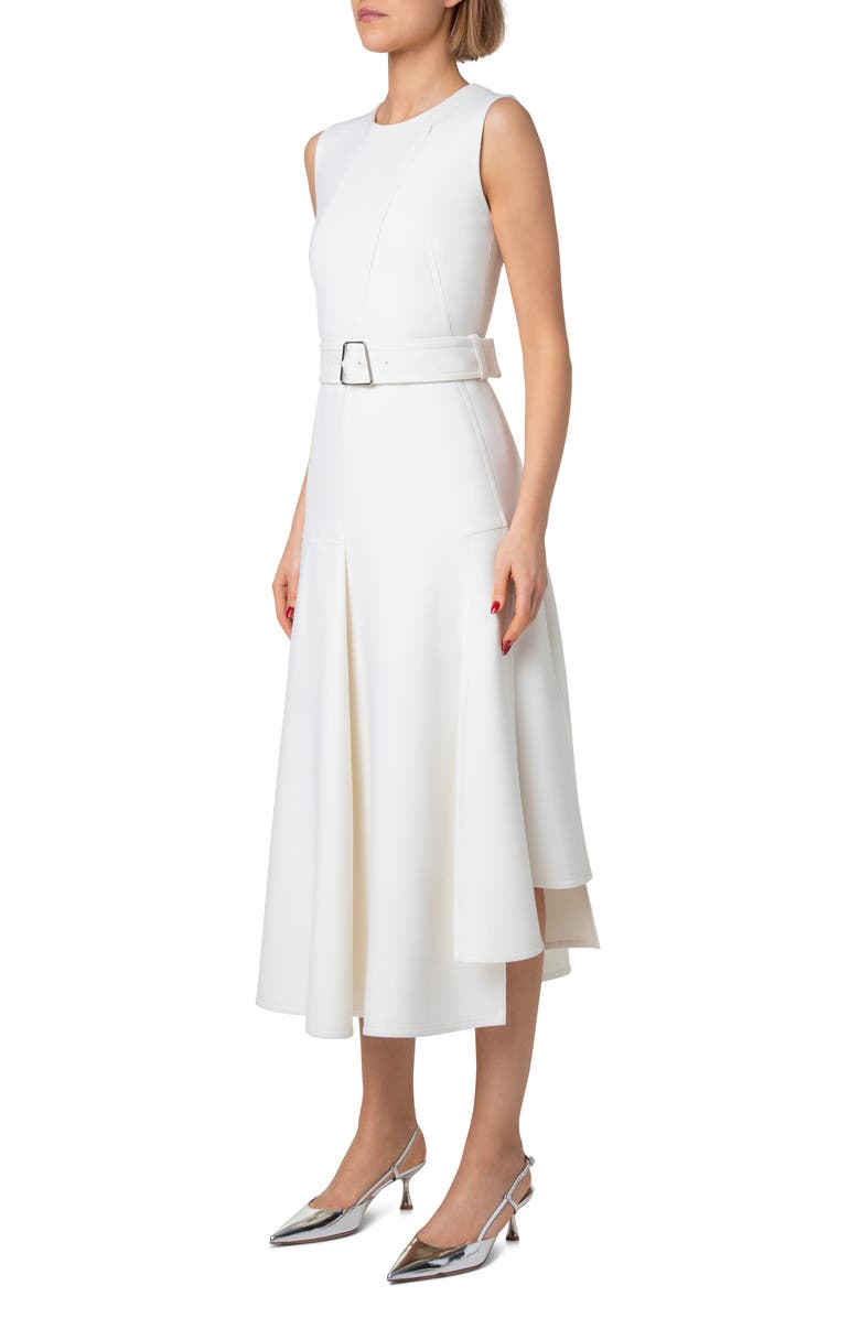 Akris Asymmetric Belted Double Face Wool Midi Dress, Alternate, color, Ecru
