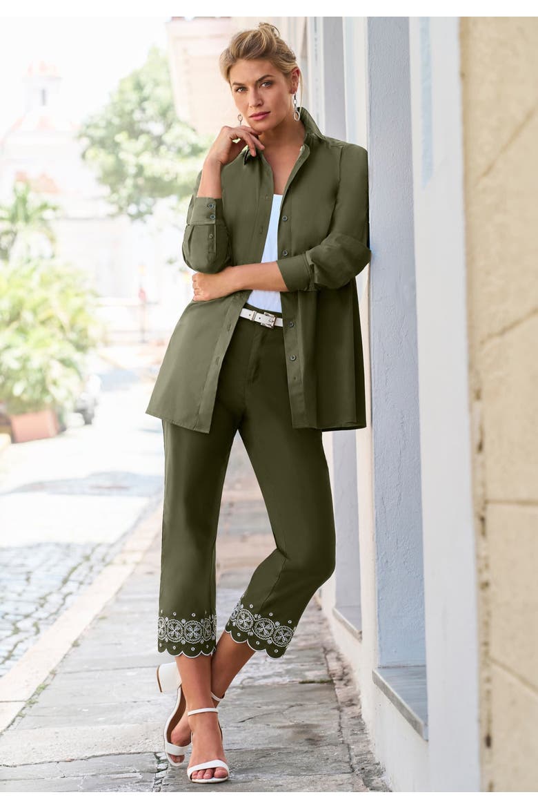 Stretch Poplin Classic Cropped Straight Leg Pant, Alternate, color, TEA ROSE MEDALLION EMBROIDERY