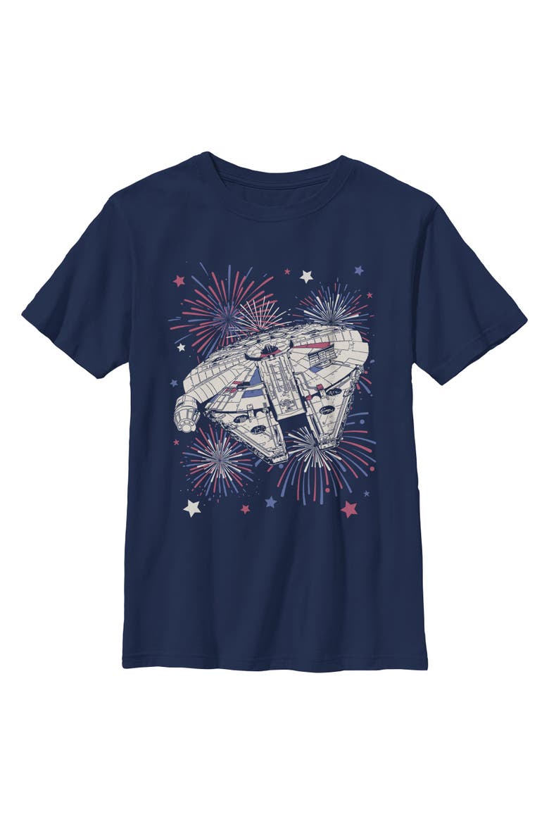 Boy's Star Wars Festive Fireworks Falcon  Graphic T-Shirt, Main, color, Navy Blue