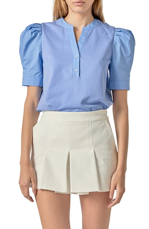 English Factory Puff Sleeve Mixed Media Top In Blue