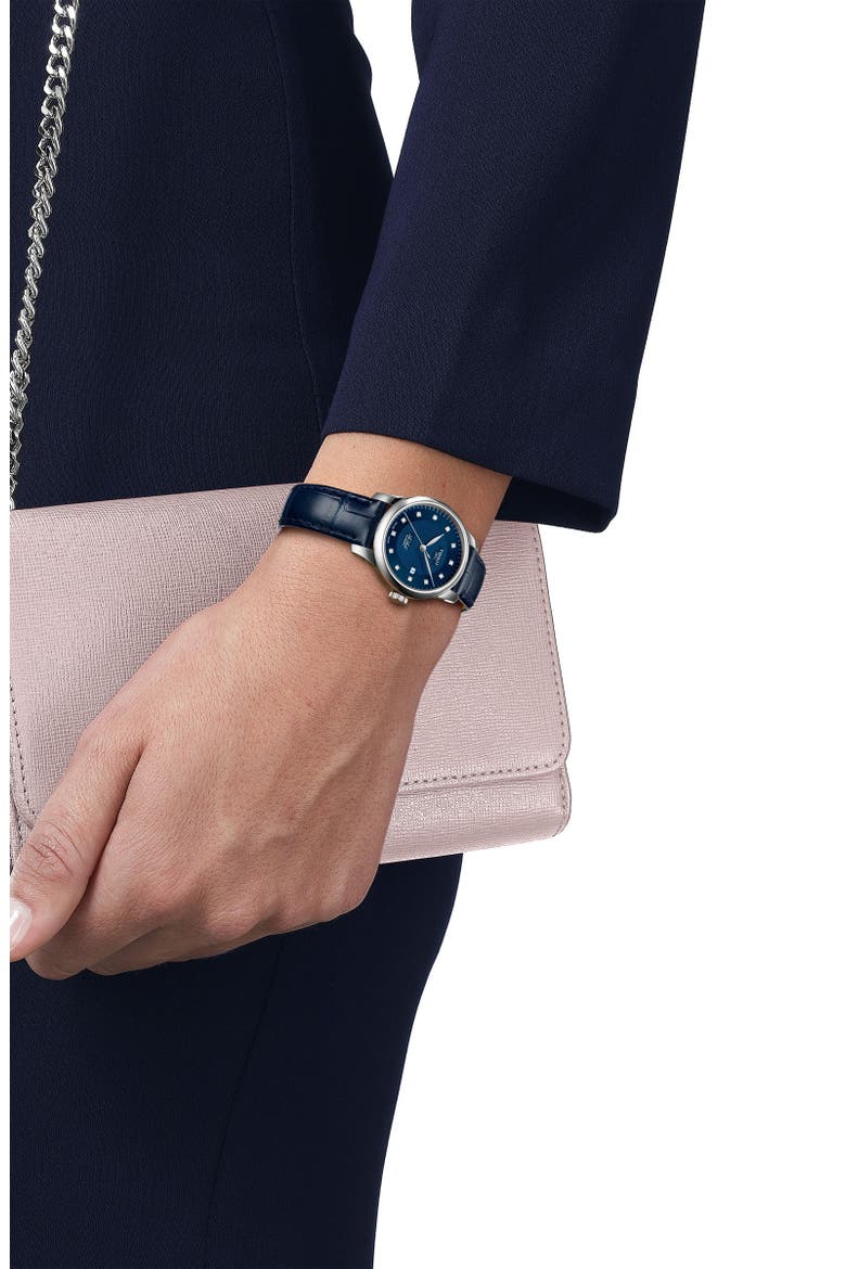 Le Locle Automatic Leather Strap Watch, 29mm, Alternate, color, BLUE