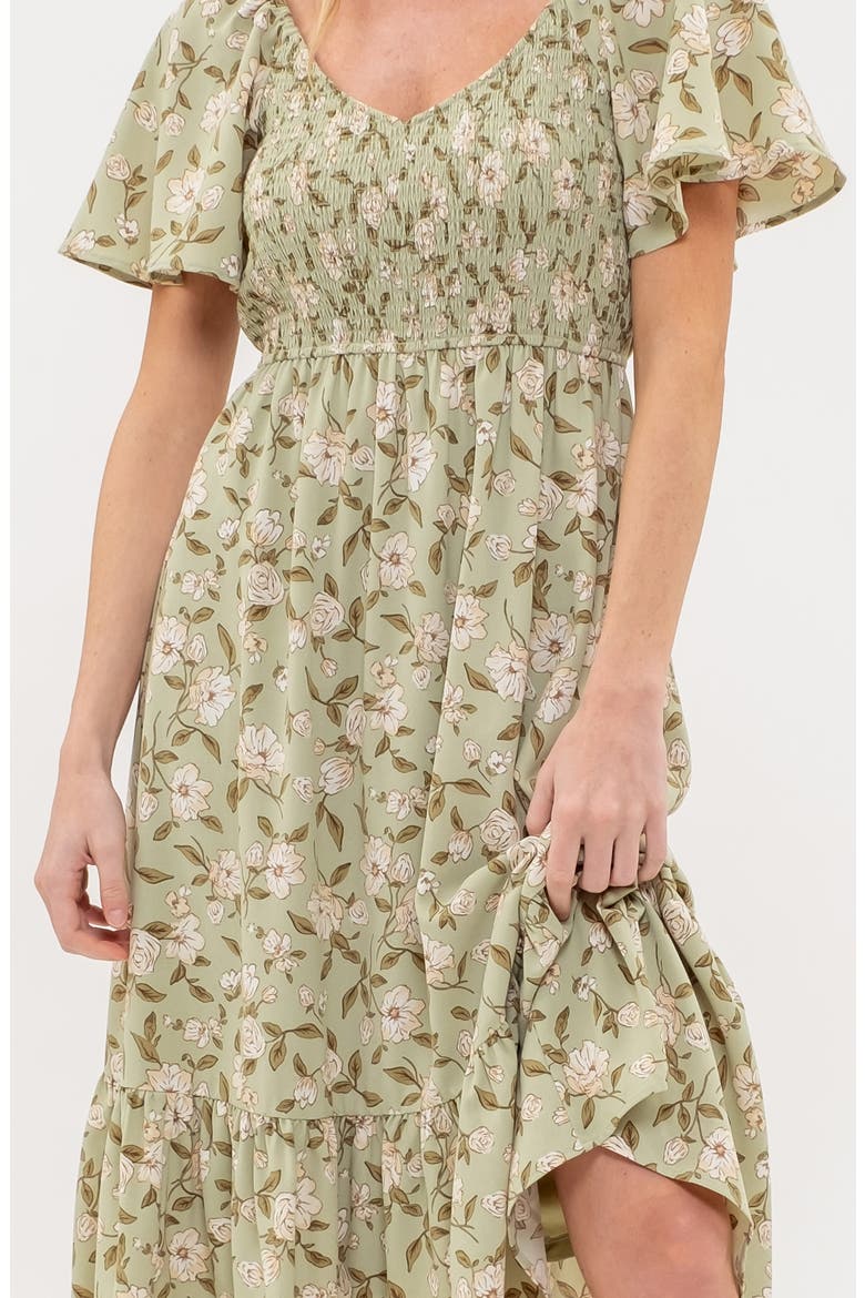 Floral Smocked Short Sleeve Midi Dress, Alternate, color, LIGHT OLIVE MULTI