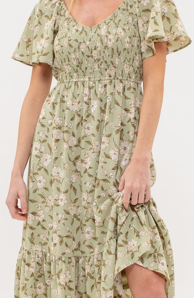 AUGUST SKY Floral Smocked Short Sleeve Midi Dress, Alternate, color, Light Olive Multi
