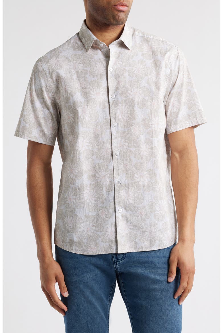 Floral Short Sleeve Button-Up Shirt, Main, color, TAN