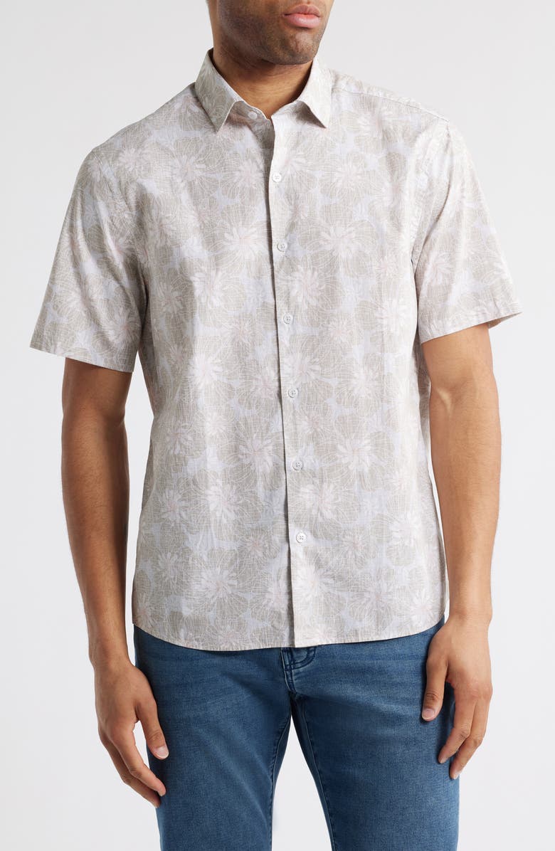 Robert Barakett Floral Short Sleeve Button-Up Shirt, Main, color, Tan