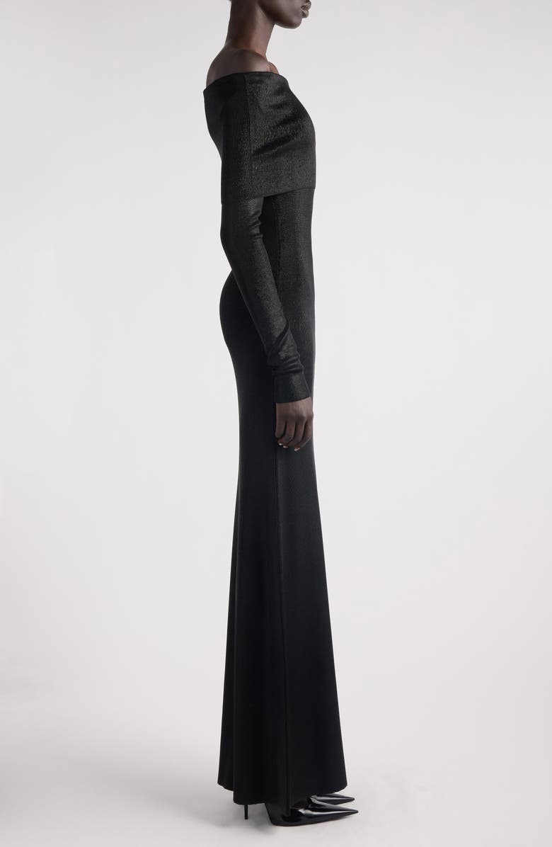 Balenciaga Off the Shoulder Long Sleeve Metallic Knit Maxi Dress, Alternate, color, Black