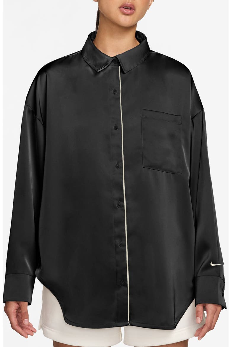 Oversize Satin Button-Up Top, Main, color, BLACK/ SAIL