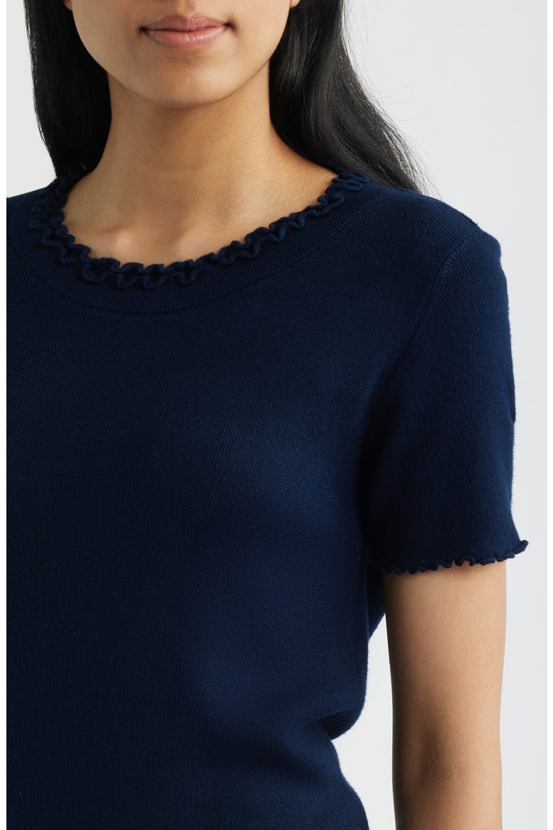 Ruffle Trim Short Sleeve Sweater, Alternate, color, DARK INDIGO