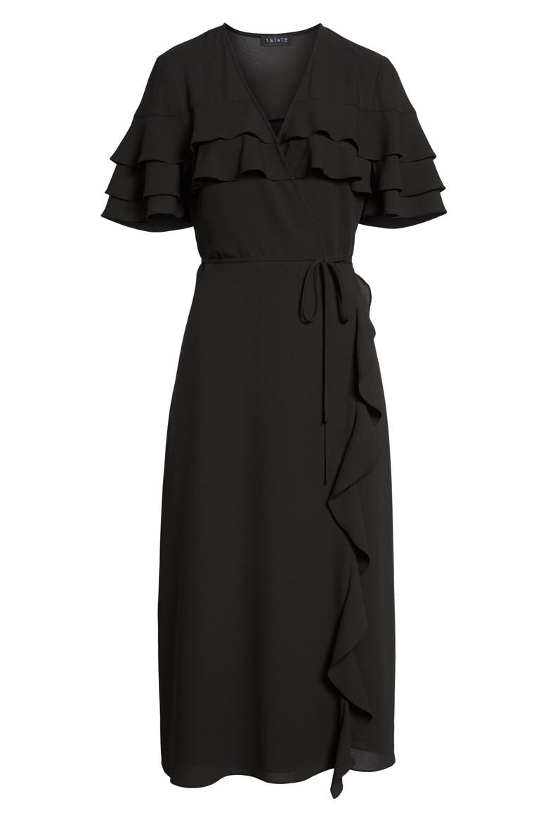 Tiered Ruffle Wrap Midi Dress, Alternate, color, RICH BLACK