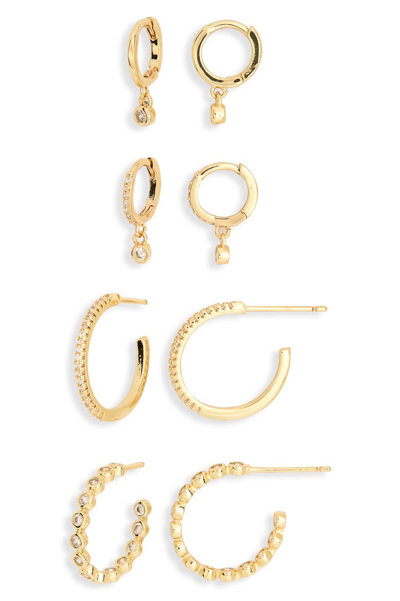 4-Pair Cubic Zirconia Huggie & Hoop Earrings Set, Alternate, color, CLEAR- GOLD