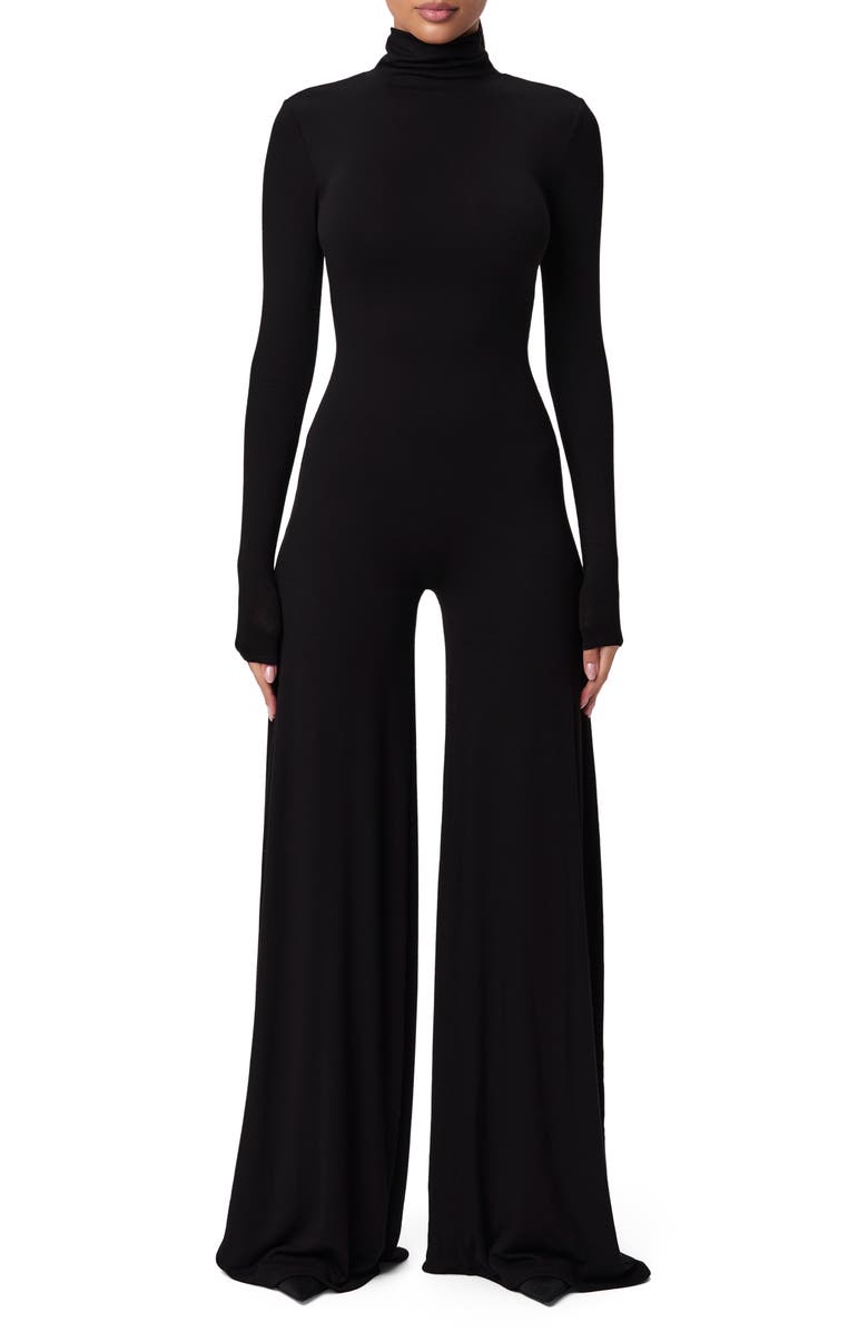 Naked Wardrobe Sculpt Turtleneck Wide Leg Jumpsuit, Main, color, Black