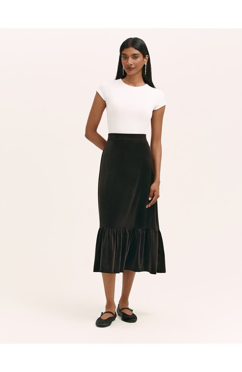 Finery London Joline Velvet Tiered Midi Skirt, Alternate, color, Black