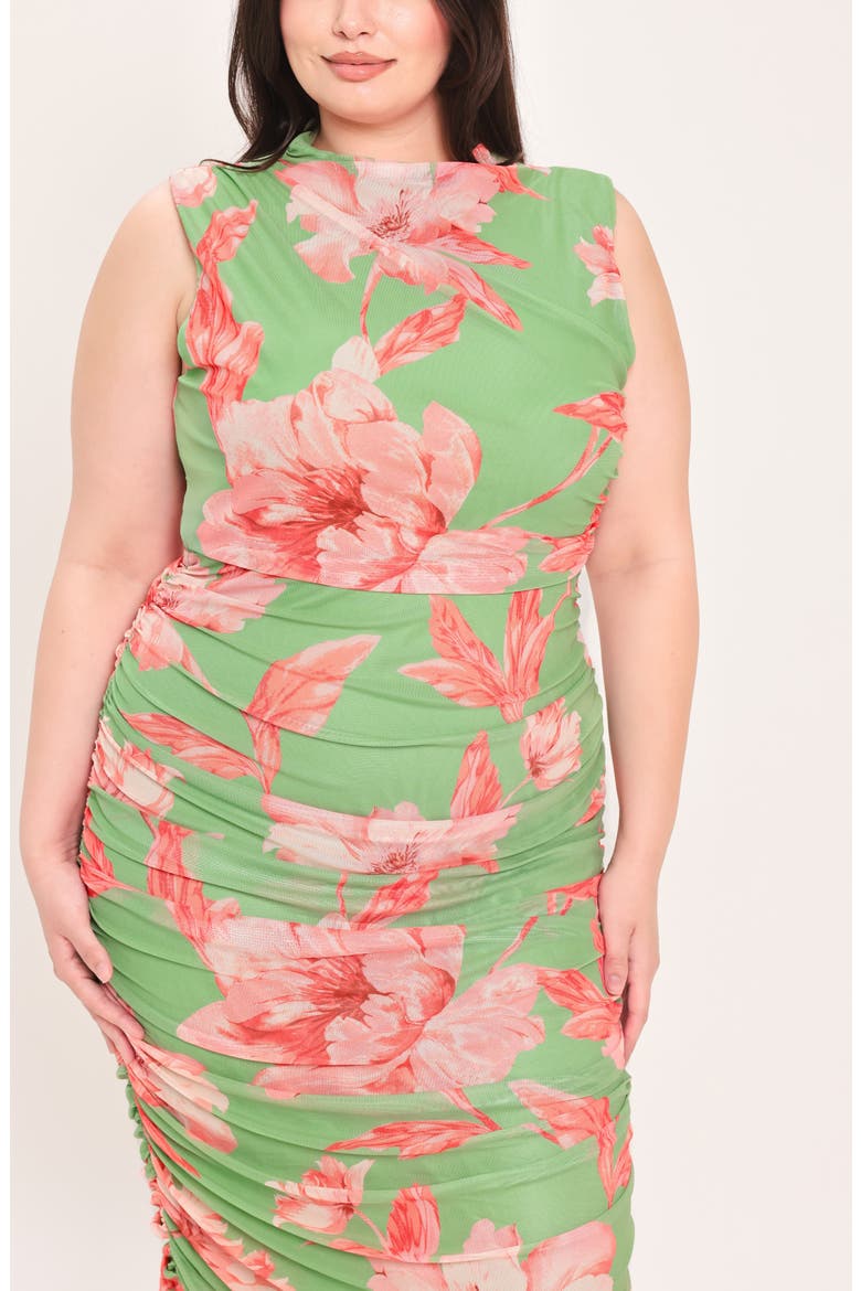 Floral Mesh Ruched Midi Dress, Alternate, color, SAGE