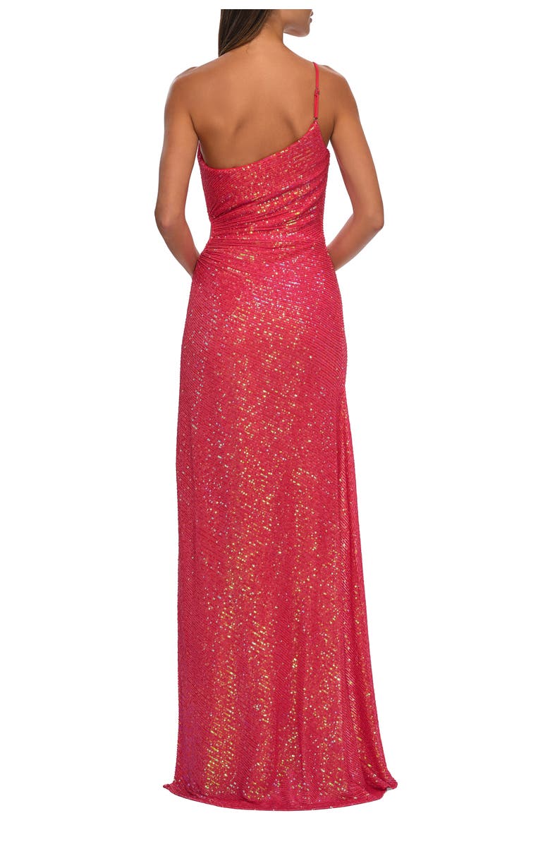 La Femme One Shoulder Sequin Dress with Circle Cut Out in Neon, Alternate, color, Hot Coral