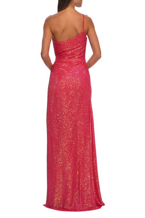 La Femme One Shoulder Sequin Dress With Circle Cut Out In Hot Coral
