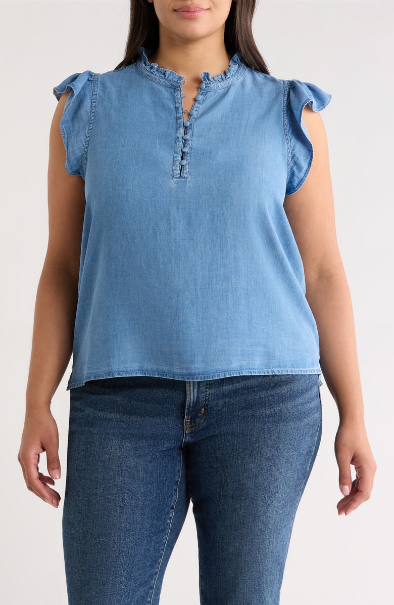 Caslon<sup>®</sup> Flutter Sleeve Popover Chambray Top, Main, color, Medium Wash