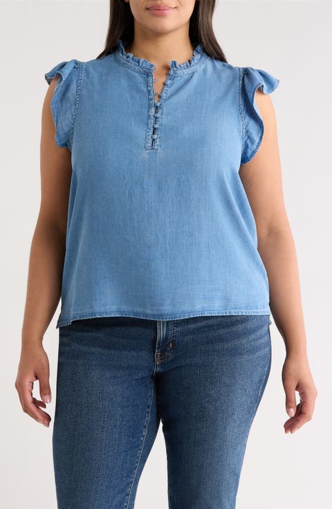Flutter Sleeve Popover Chambray Top (Plus)