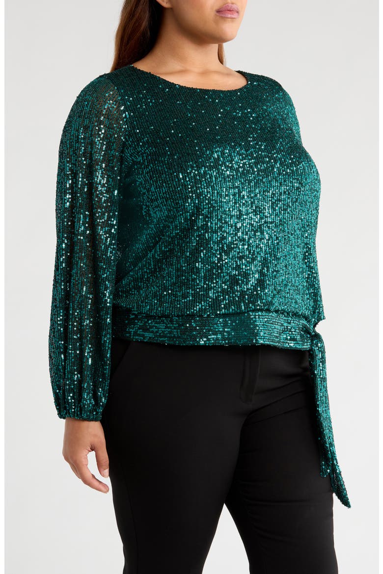 Sequin Tie Hem Top, Alternate, color, EMERALD