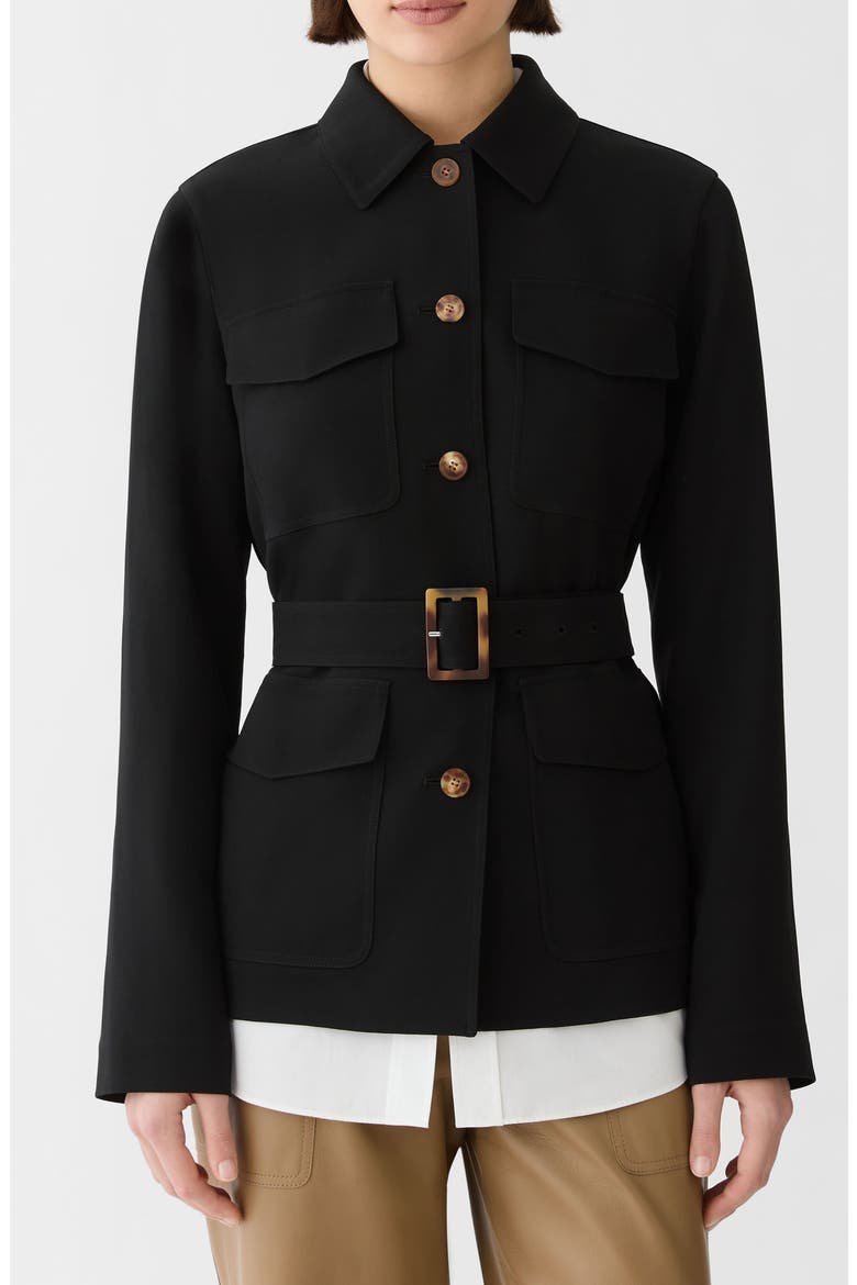 Belted Responsible Finesse Crepe Shirt Jacket, Main, color, BLACK