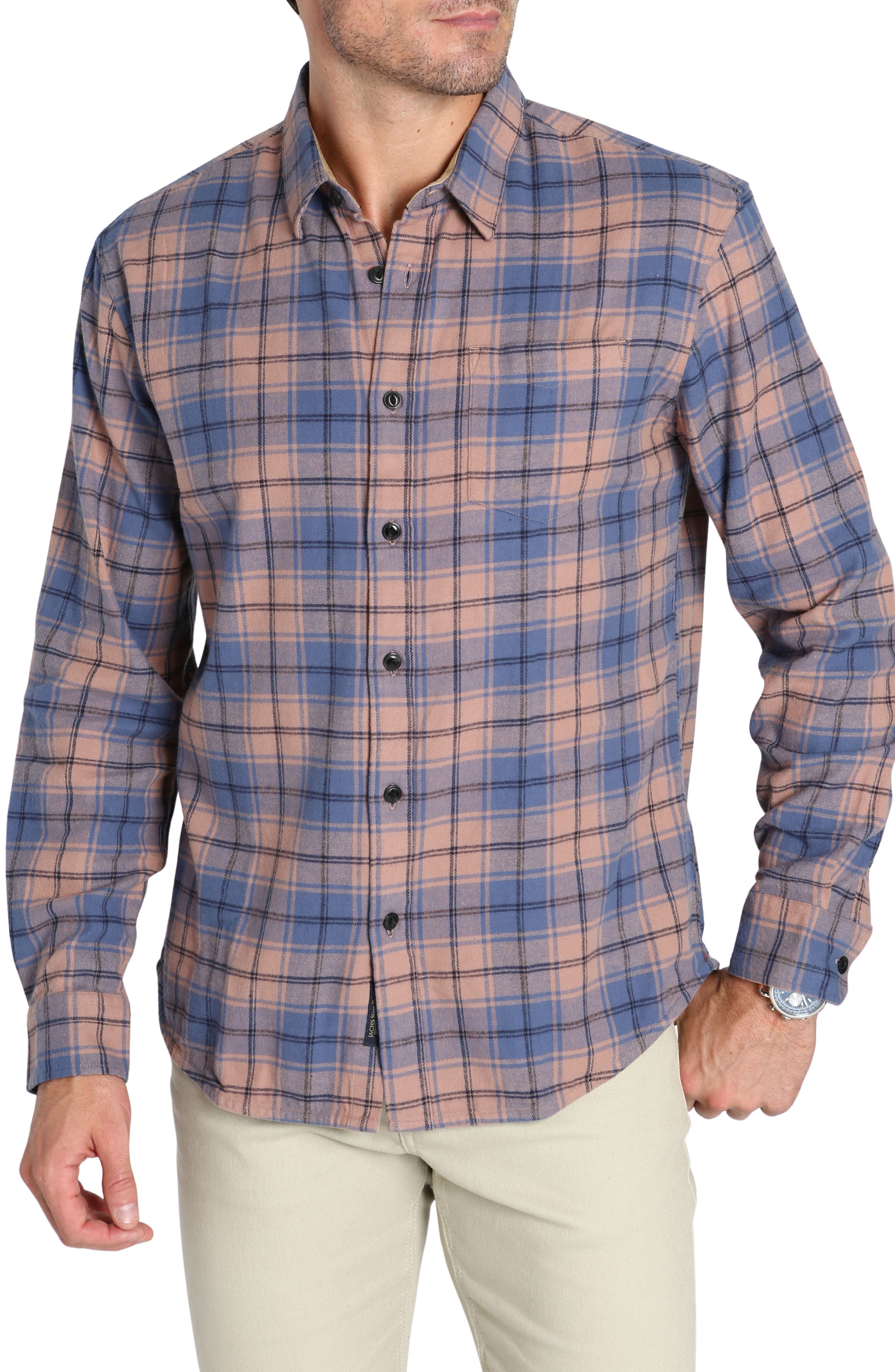 JACHS Plaid Long Sleeve Stretch Cotton Button-Up Shirt