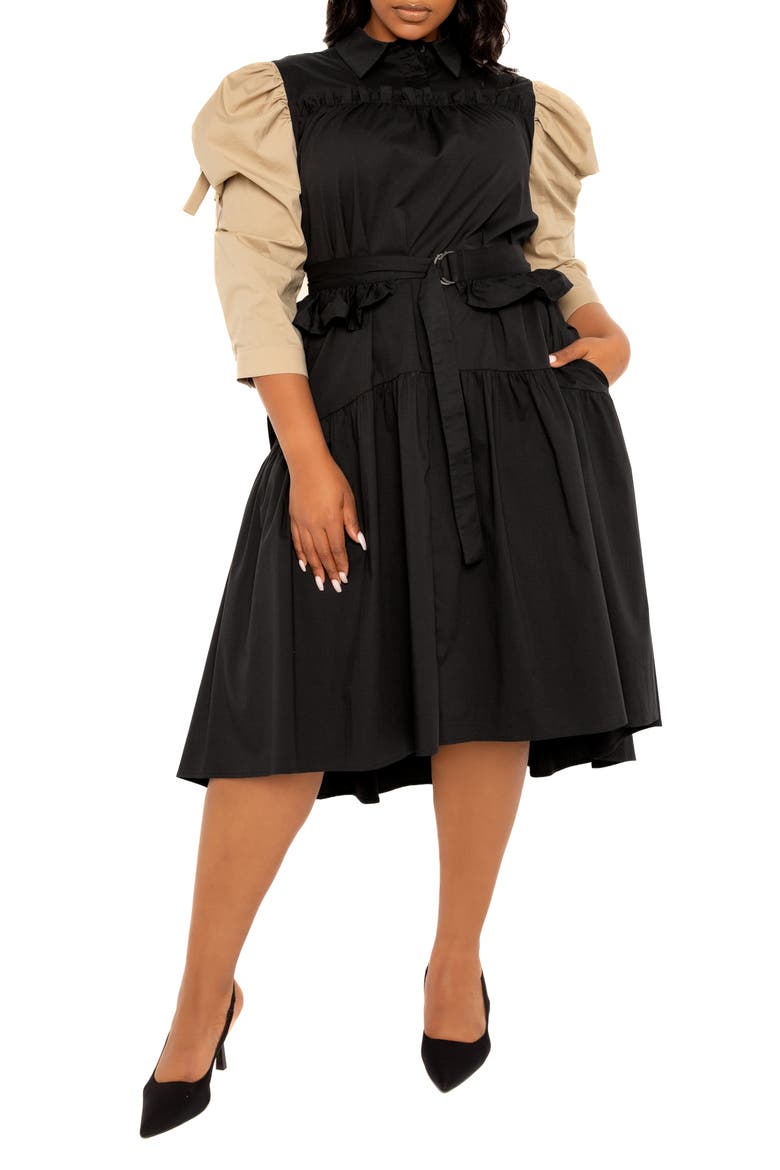 Contrast Puff Shoulder Dress, Main, color, BLACK