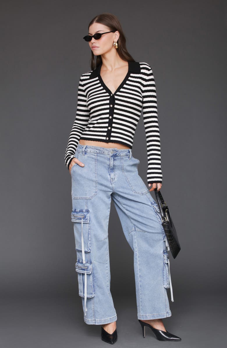 Avec Les Filles Striped Pointelle Polo Cardigan, Alternate, color, Black/ Cream